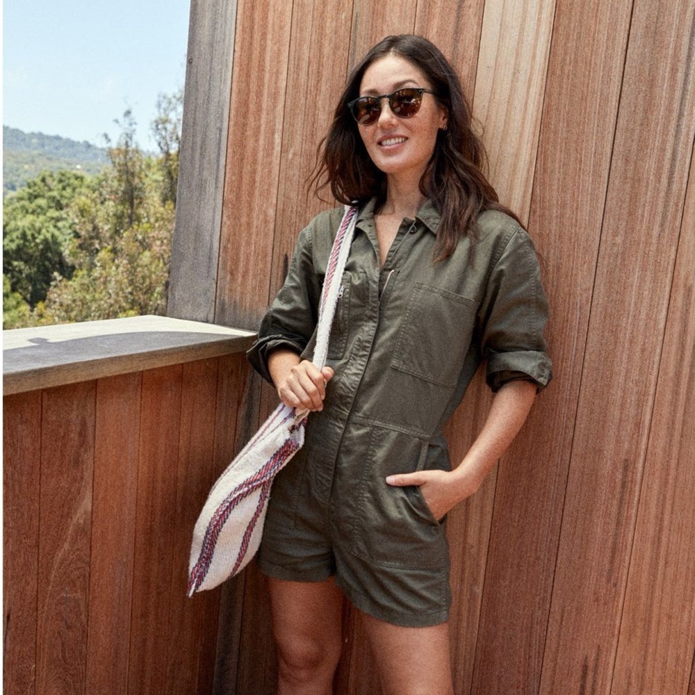 Outerknown Station Suit Shortall Utility Romper in Green Olive Night Size L NWT